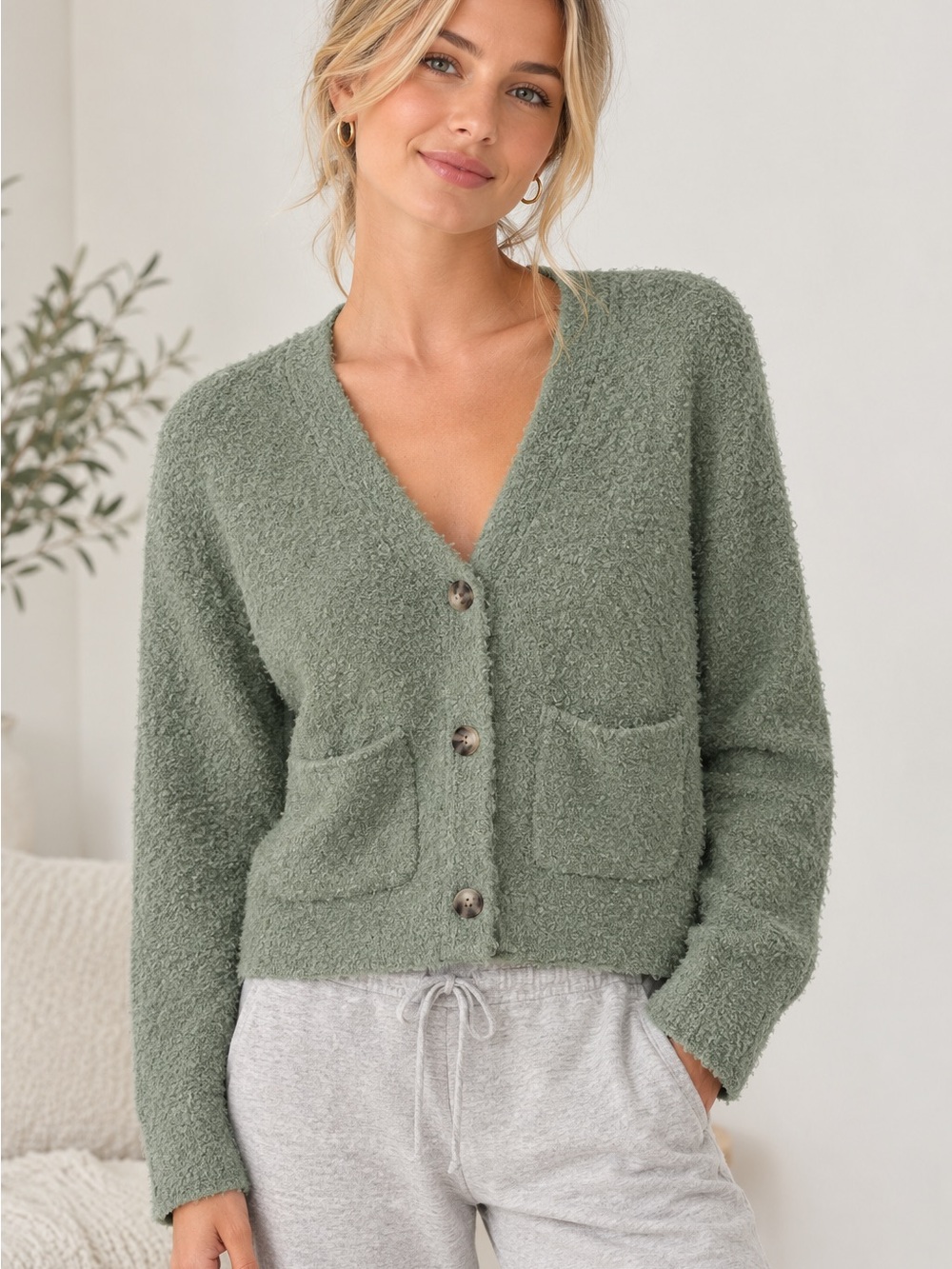 Abercrombie & Fitch The Lounge Collection Sage Green Bouclé Cardigan Sweater S